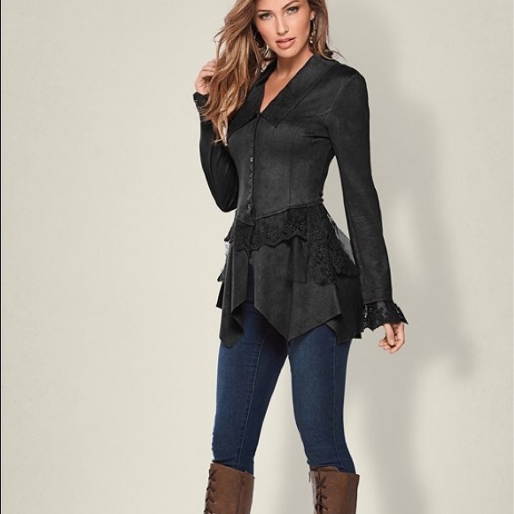 ISO VENUS FAUX SUEDE AND LACE JACKET IN BLACK